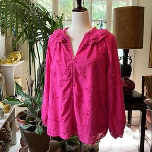 J Crew Pink Eyelet Ruffled Collar Balloon Sleeved Top